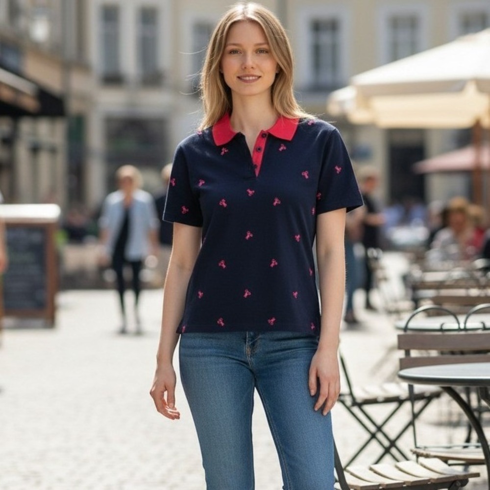 Quacker Factory Navy Blue Embroidered Lobster Polo Shirt Red Collar‎ XS Nautical